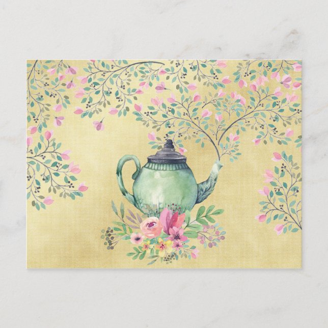 Elegant Watercolor Teapot and Flowers Gold Postcard (Front)