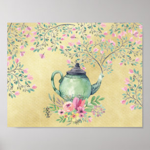 Elegant Watercolor Teapot and Flowers Gold Poster
