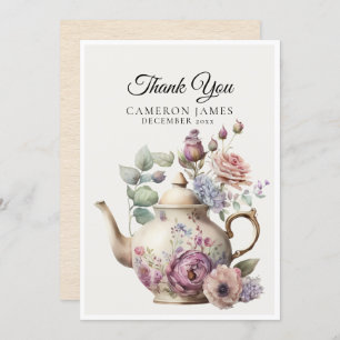 Elegant Watercolor Teapot Floral Tea Party Thank You Card