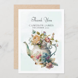 Elegant Watercolor Teapot Floral Tea Party Thank You Card