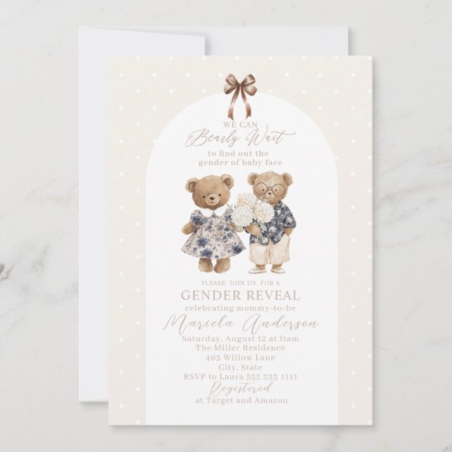 Elegant Watercolor Teddy Bear blue bow Baby Shower Invitation (Front)