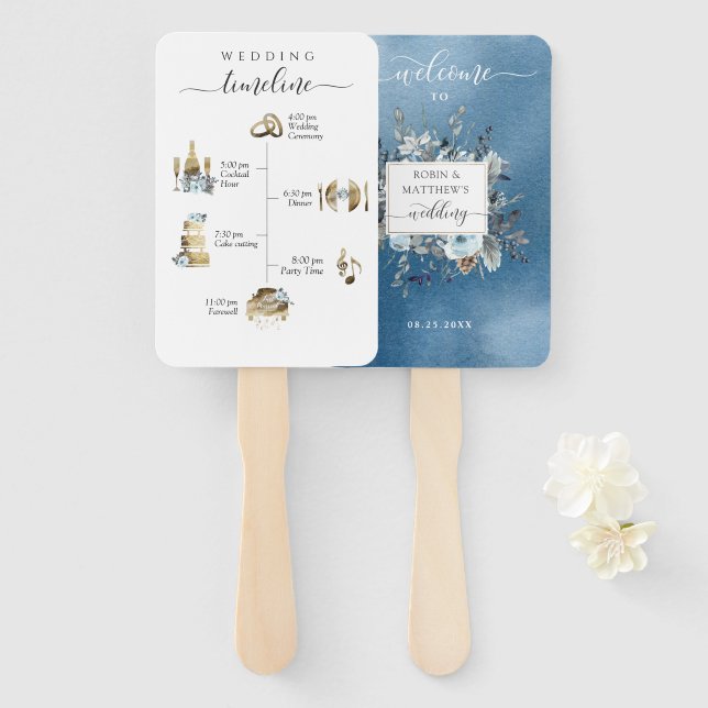 Elegant Watercolor Timeline and Welcome Dusty Blue Hand Fan (Front and Back)