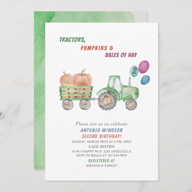 Elegant  Watercolor Tractors Pumpkins Baby Shower Invitation (Front/Back)