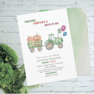 Elegant  Watercolor Tractors Pumpkins Baby Shower Invitation