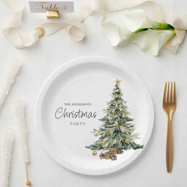 Elegant Watercolor Tree Christmas Party  Paper Plate (Wedding)