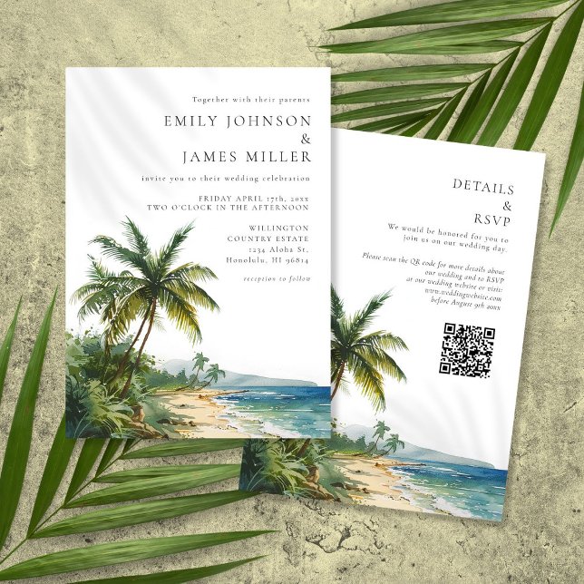 Elegant Watercolor Tropical Beach QR Code Wedding Invitation (Creator Uploaded)