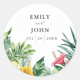 Elegant Watercolor Tropical Flowers Wedding Favour Classic Round Sticker