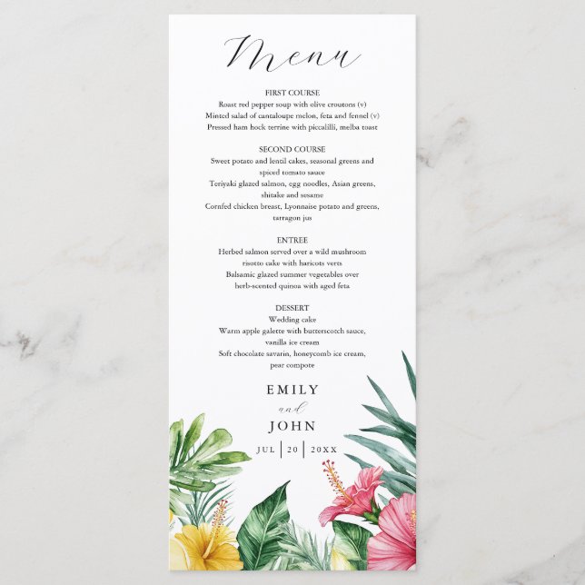 Elegant Watercolor Tropical Flowers Wedding Menu (Front)