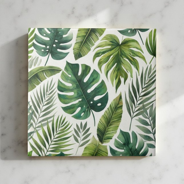 Elegant Watercolor Tropical Green Botanical Floral Ceramic Tile (Creator Uploaded)