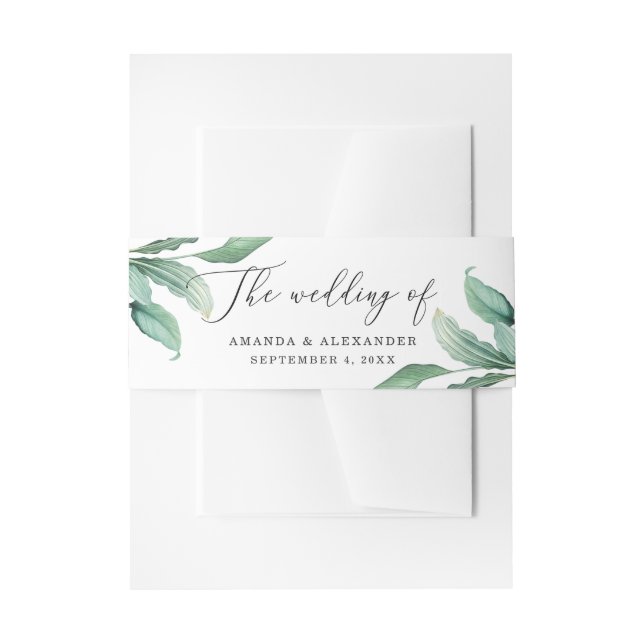 Elegant watercolor tropical greenery wedding invitation belly band (Front Example)