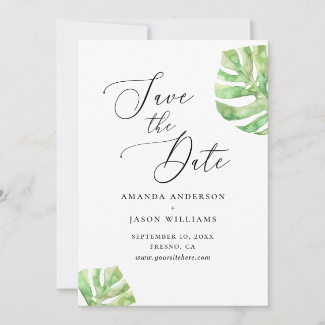 Elegant watercolor tropical monstera wedding save the date (Front)