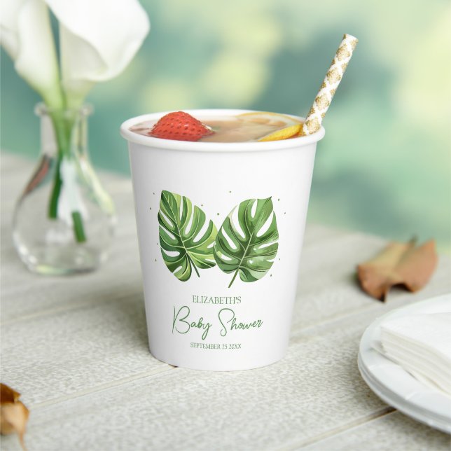 Elegant Watercolor Tropical Palm Baby Shower Paper Cups (Insitu)