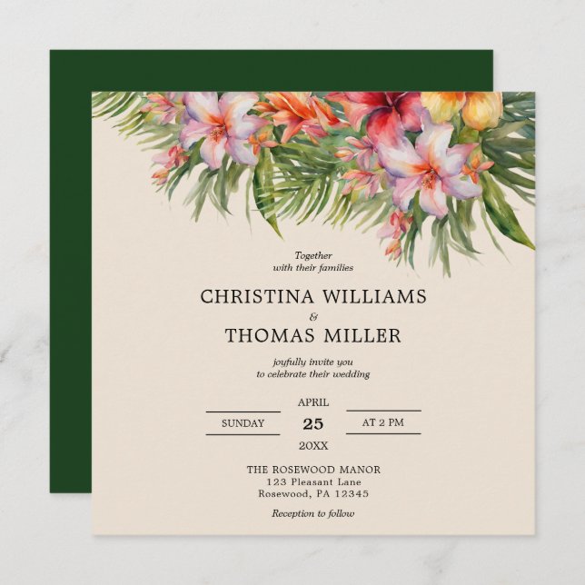 Elegant Watercolor Tropical Wedding Invitation (Front/Back)