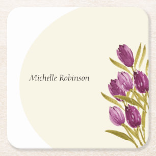 Elegant Watercolor Tulip Flowers Square Paper Coaster