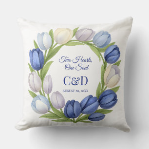 Elegant Watercolor Tulip Wreath Wedding Blue Ivory Cushion