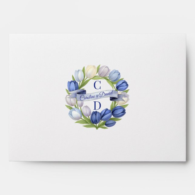 Elegant Watercolor Tulip Wreath Wedding Blue Ivory Envelope (Front)