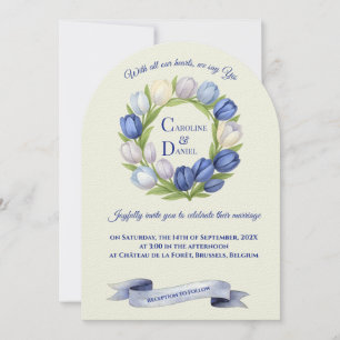 Elegant Watercolor Tulip Wreath Wedding Blue Ivory Invitation