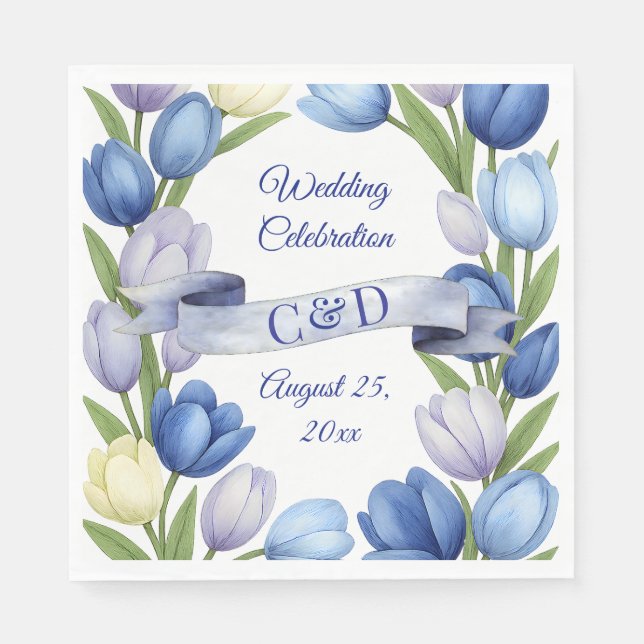 Elegant Watercolor Tulip Wreath Wedding Blue Ivory Napkin (Front)