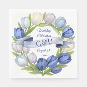 Elegant Watercolor Tulip Wreath Wedding Blue Ivory Napkin
