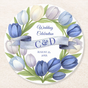 Elegant Watercolor Tulip Wreath Wedding Blue Ivory Round Paper Coaster