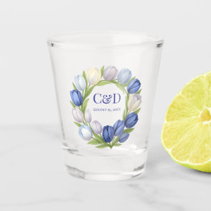 Elegant Watercolor Tulip Wreath Wedding Blue Ivory Shot Glass