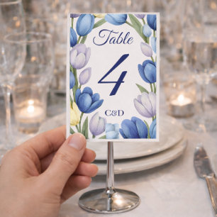 Elegant Watercolor Tulip Wreath Wedding Blue Ivory Table Number