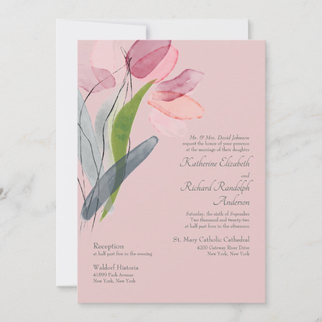 Elegant Watercolor Tulips Blush Wedding Invitation (Front)