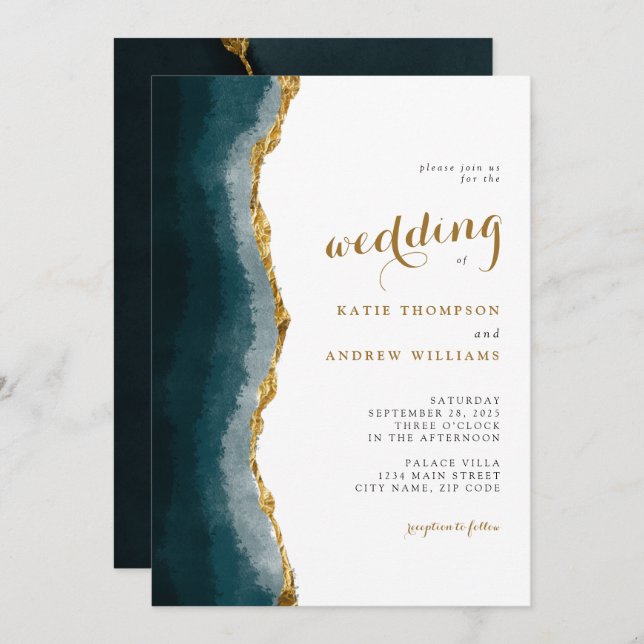 Elegant Watercolor Turquoise Gold Agate Wedding Invitation (Front/Back)