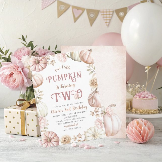Elegant  Watercolor Two 2nd Birthday Pumpkin is on Invitation (Creator Uploaded)