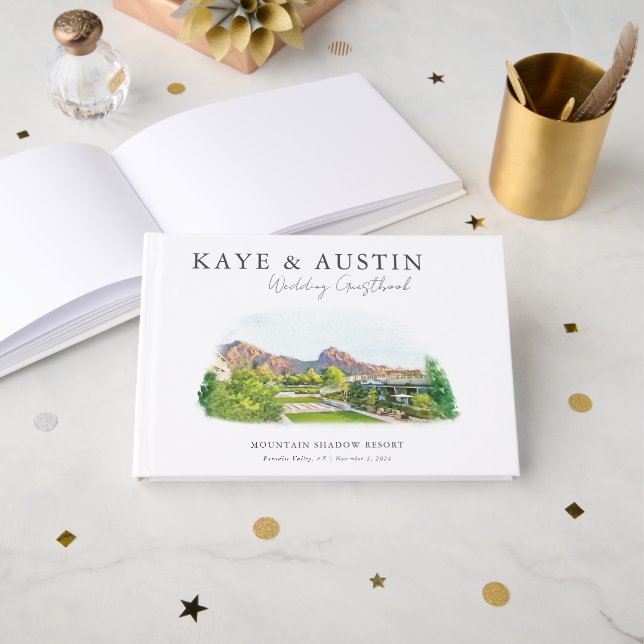 Elegant Watercolor Venue Illustration Wedding Guest Book (Front Open)