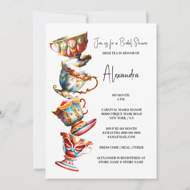 Elegant watercolor victorian stacked teacups high  invitation (Front)