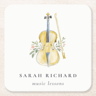 Elegant Watercolor Violin Musician Music Teacher Square Paper Coaster