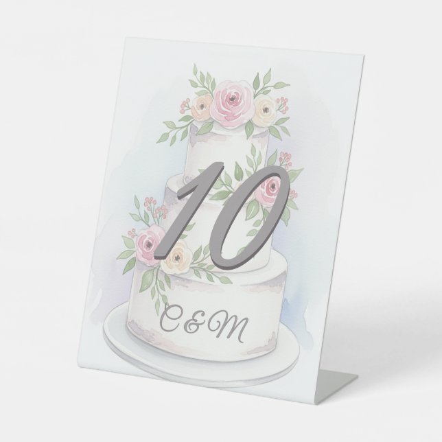 Elegant Watercolor Wedding Cake Tabletop Sign (Front)