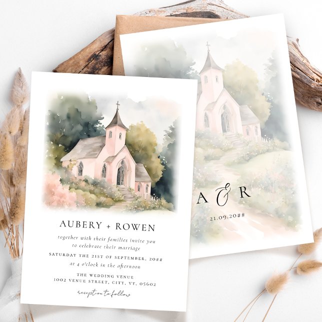 Elegant Watercolor Wedding Chapel Illustration Invitation (Creator Uploaded)