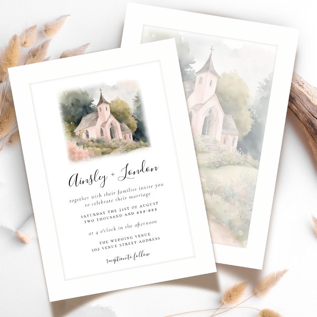 Elegant Watercolor Wedding Chapel Illustration Invitation (Creator Uploaded)