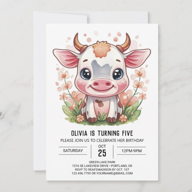 Elegant Watercolor Whimsical Cow Birthday Invitation (Front)