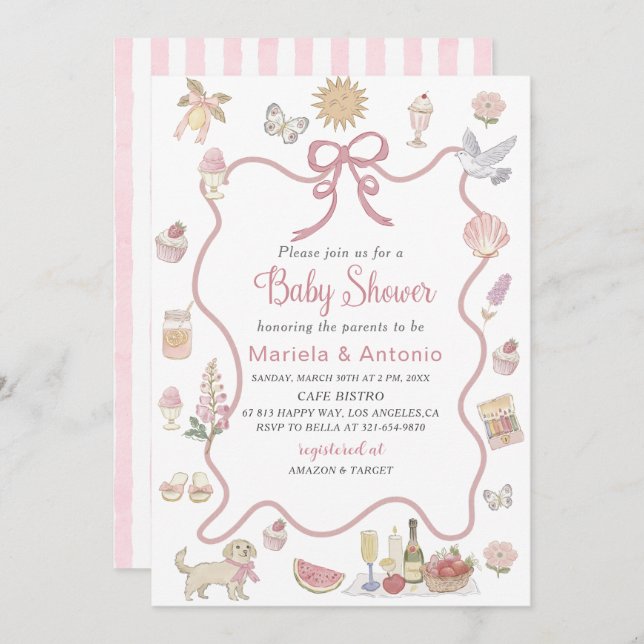 Elegant  Watercolor Whimsical Summer Doodles Baby  Invitation (Front/Back)