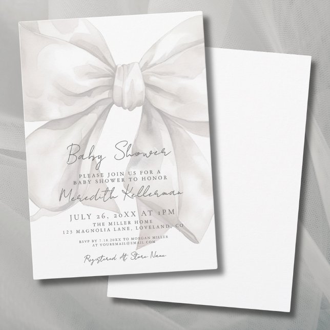 Elegant Watercolor White Bow Baby Shower Invitation (Elegant Watercolor White Bow Baby Shower Invitation)