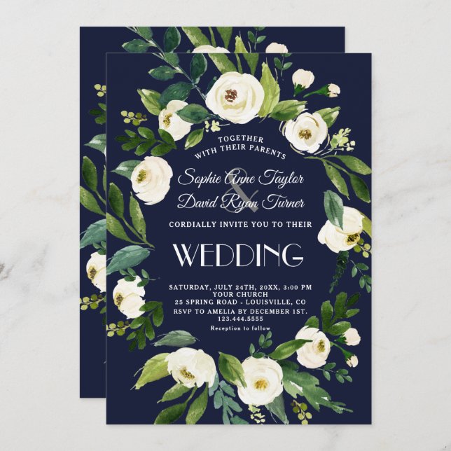 Elegant Watercolor White Floral Dark Blue Wedding Invitation (Front/Back)