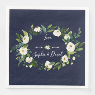 Elegant Watercolor White Floral Dark Blue Wedding Napkin