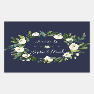 Elegant Watercolor White Floral Dark Blue Wedding Rectangular Sticker