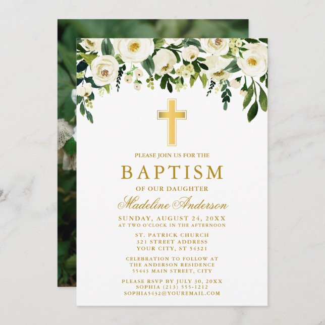 Elegant Watercolor White Floral Gold Baptism Photo Invitation (Front/Back)