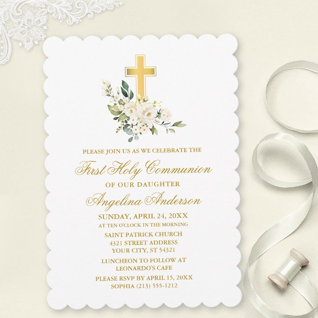 Elegant Watercolor White Floral Gold Communion Invitation (Customize to change text color, size, style or to add photos or more text to back of card.)