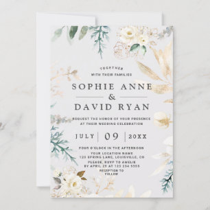 Elegant Watercolor White Floral Gold Wedding Invitation