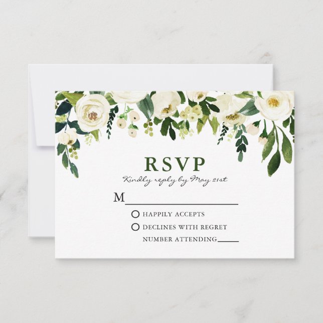 Elegant Watercolor White Floral Greenery RSVP Card (Front)