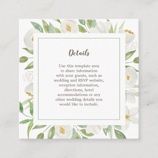 Elegant Watercolor White Floral Wedding Details Enclosure Card (Front)