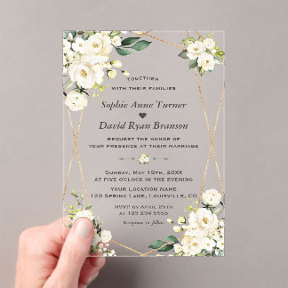 Elegant Watercolor White Flowers Gold Wedding Acrylic Invitations