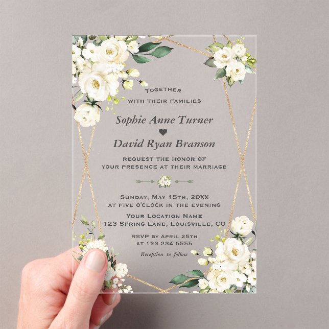 Elegant Watercolor White Flowers Gold Wedding Acrylic Invitations (Insitu (Handheld))