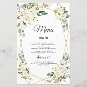 Elegant Watercolor White Flowers Gold Wedding Menu