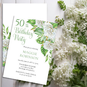 Elegant Watercolor White Roses 50th Birthday Party Invitation